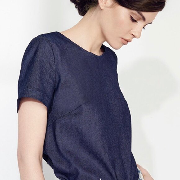 Cuyana Medium Denim Chambray Top Blouse Tie Back Blouse Short Sleeve Blue Tee - Picture 4 of 12